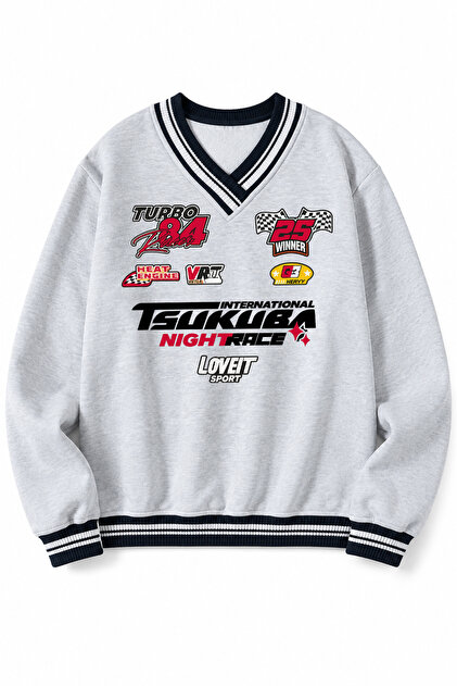 Women's V-Neck Tsukuba Y2K Print Detailed Oversize Sweatshirt