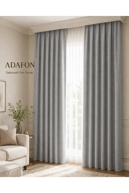 Gray Adafon Soft Velvet Textured Cornice-Style Stylish Decorative Living Room Curtain Background Curtain