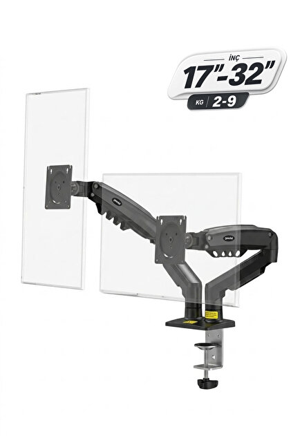 17-32 İnç Amortisörlü Çift Kollu Monitör Kolu Tam Hareketli VESA Uyumlu Masa Kelepçeli Monitör Standı (2-9 kg) - Siyah