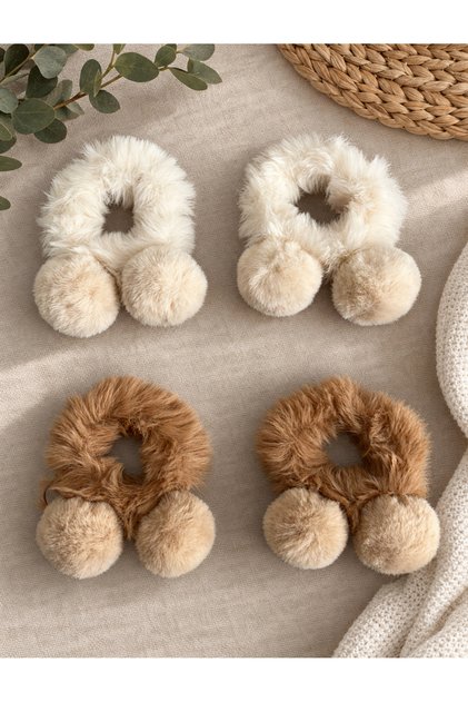 Yumuşak Peluş Saç Tokası 2’li Set – Krem & Kahverengi