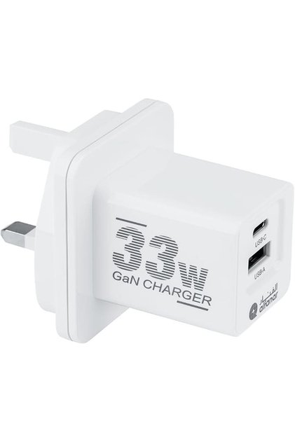 شاحن USB سريع بقوة 33 وات، منفذان من النوع C والنوع A - يدعم توصيل الطاقة (PD)، وتقنية GaN
