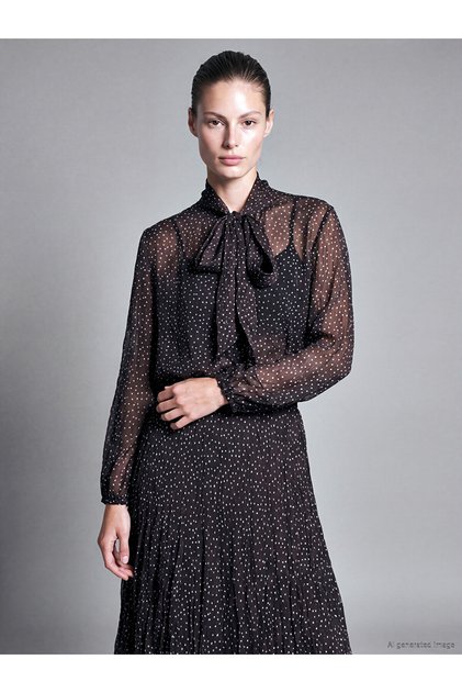 Alita City with a Difference Lcw Studio Brown Chiffon Polka Dot Tie Collar Long Sleeve Women's Blouse