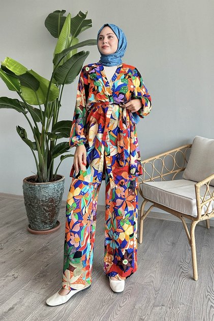 Set dublu din viscoză florală portocalie
