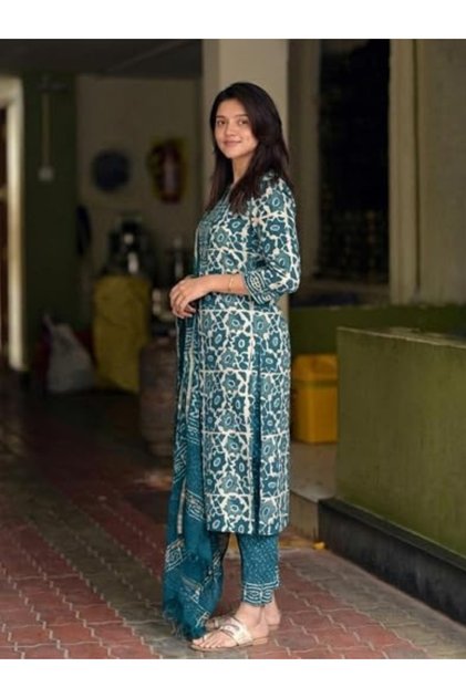 Teal Viscose Traditional Block Print Kurta Set - ALV2270 | Teal-Size:L-40-Inches