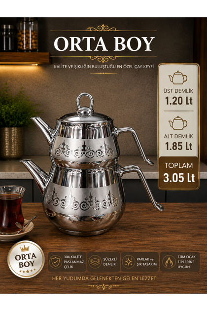 Burcu metal Satenli ORTA Boy Çaydanlık 3,05LT