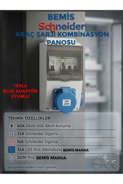 SİGORTALI 7.5 kW - 32 AMPER ELEKTRİKLİ ARAÇ ŞARJI İSTASYONU TYPE 2 EV CHARGER MAVİ PRİZLİ KOMBİNASYON PANOSU