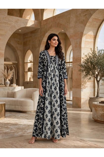 Elegant Printed Long Sleeve Maxi Jalabiya with Yoke Detail