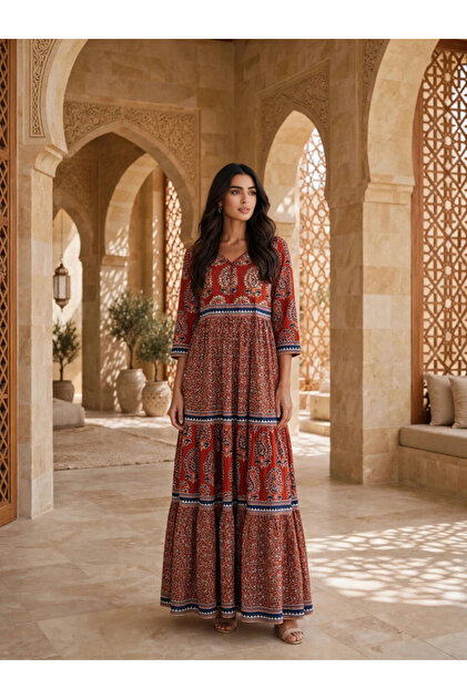 Elegant Ethnic Paisley Print Long Sleeve Jalabiya