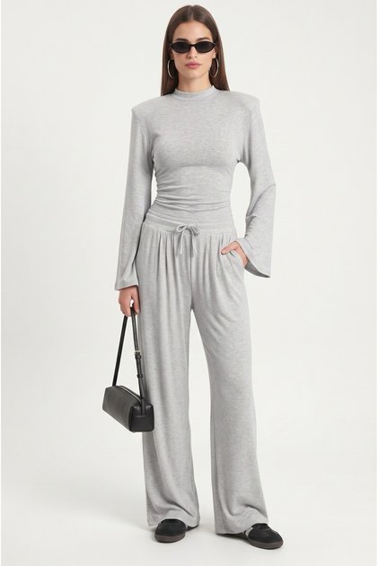 Women's Cove Modal Touch Padded Back Lace-Up Blouse Elastic Pants Gray Bottom-Top Set