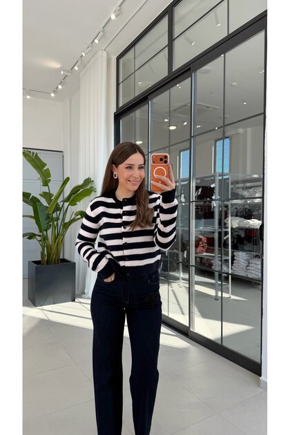 Soft Pink Striped Knitwear Cardigan Navy Blue