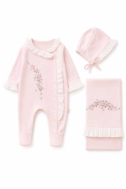 Floral Embroidered Lace Detailed 3-Piece Organic Hospital Discharge Set 100% Cotton Newborn Baby Girl