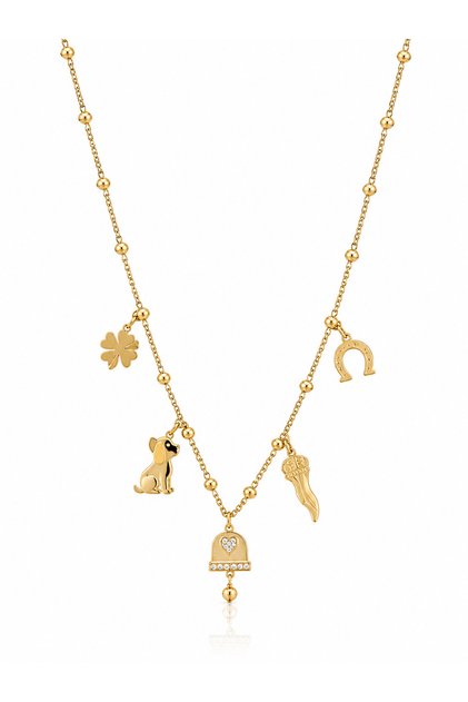Women's Gold Color Lucky Necklace with Clover, Dog, Horseshoe and Fortune Figures