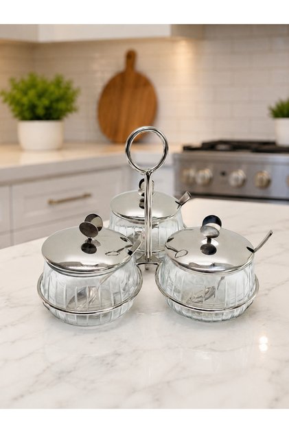 3-Piece Glass Spice Rack Set with Brass Stand and Spoon – 21X21X19 cm