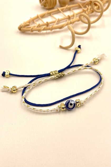 Gift Bohemian Navy Blue Evil Eye Beaded Glittery String and Parachute Cord Elevator Lock Bracelet Set 2 Pieces