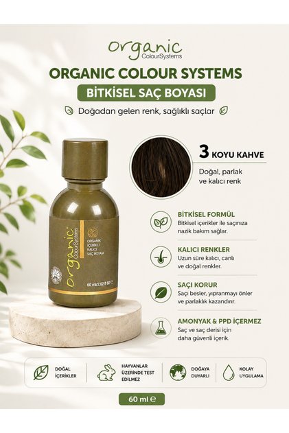 Beyaz Saçları Kapatmak İçin Özel Olarak Geliştirilen 3 Koyu Kahve Organik Saç Boyası 60 ml