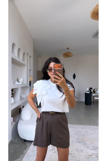 Brown Linen Premium Belted Shorts