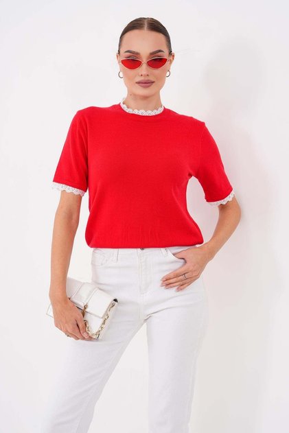 Women's Short Sleeve Lace Detailed Knitwear