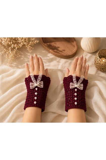 Hand Knitted Bow and Pearl Detailed Sleeve Cover