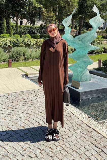 Derin Çizgili Merserize Elbise Kahve