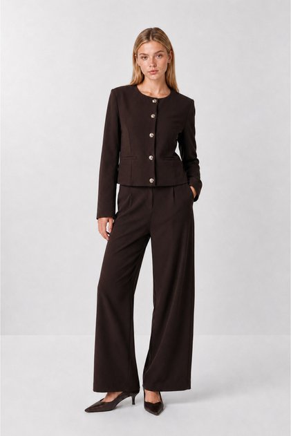 Gold Buttoned Woven Jacket-Pants Set Laz0014 Brown