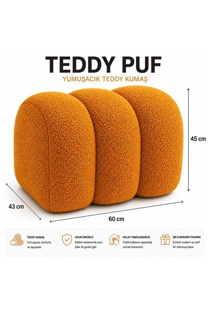 TEDDY Puf Maxi Büyüklük Gürgen İskelet Salon Puf Koltuk Teddy Kumaş Kaplı Yumuşacık Dekoratif PUF TURUNCU