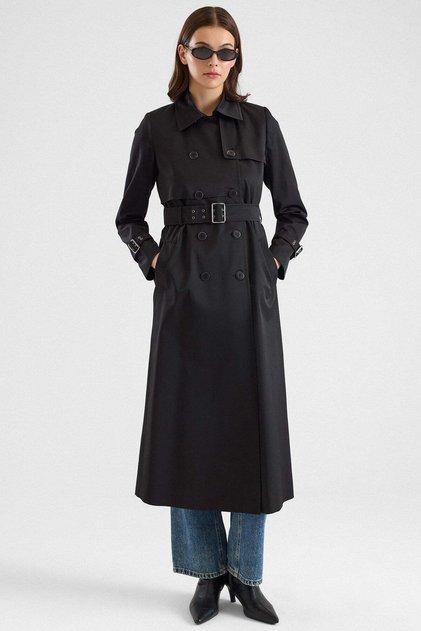 Cape Detailed Long Trench Coat with Bird's Eye Accessories and Water Repellent Feature Black 6885