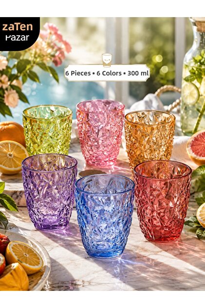 Set of 6 Colored Glass Cups 300 ml Crystal Cut Prism Patterned Water, Soft Drink and Cocktail Glass