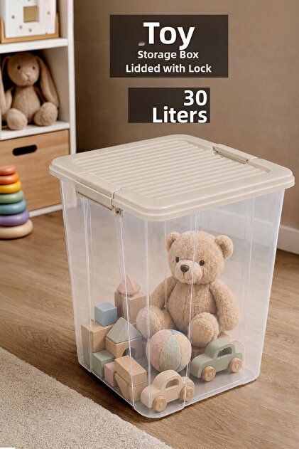 Deep Toy Box - Children's Baby Room Toy Organizer Lockable Lid Storage Box 30Lt Beige