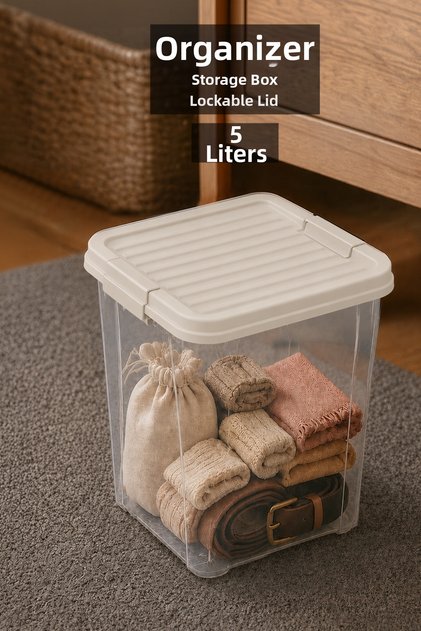 5Lt Lockable Lid Organizer Box - Deep Elora Organizer Storage Box for Inside the Cabinet Beige