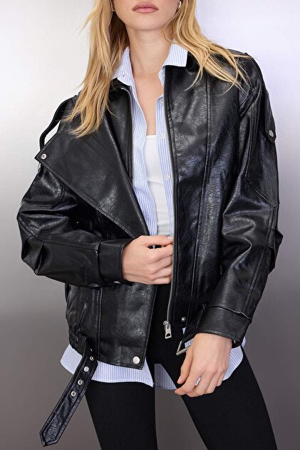 Black Regular Fit Faux Leather Shiny Biker Lightweight Jacket TWOAW26MO00064