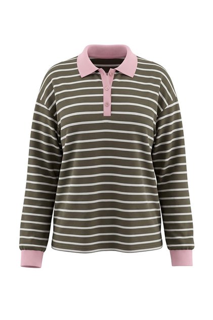 Antrasit Ekru Çizgili Oversize/Geniş Kesim Kontrast Polo Yaka Örme Sweatshirt TWOAW27SW00164