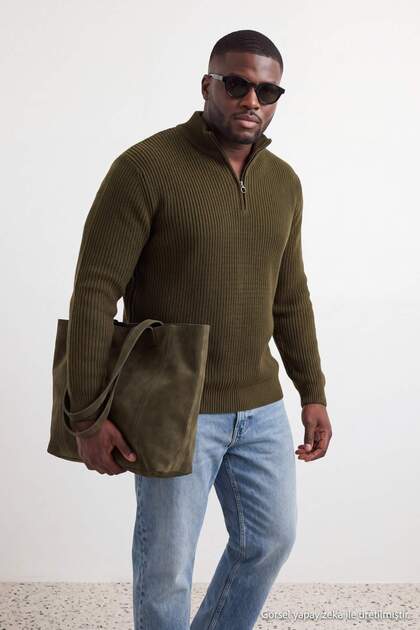 Khaki Regular Half Turtleneck Plain Knitwear Large Size Sweater Tmnaw24An00008