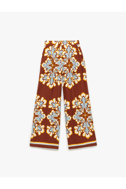 X Melis Ağazat - Viscose Fabric Ethnic Patterned Long Wide Leg Trousers