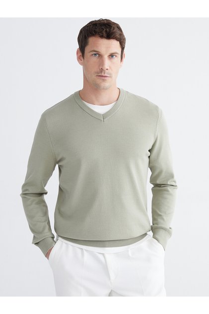 Lcwaikiki Classic Green V-Neck Men's Knitwear Sweater