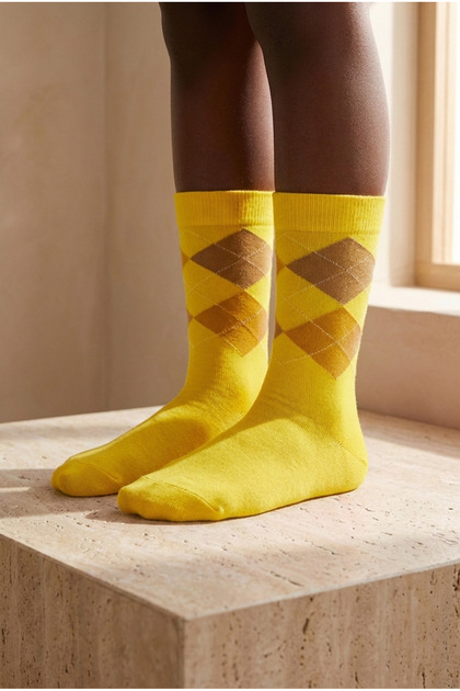 Plaid Patterned Cotton Women's Socket Socks Yellow