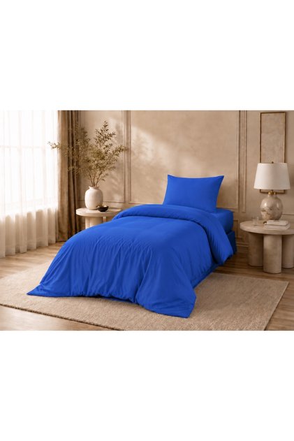 100% Cotton 55 Thread Single Duvet Cover Set with Elastic Sheet 3 Pieces Saks Blue