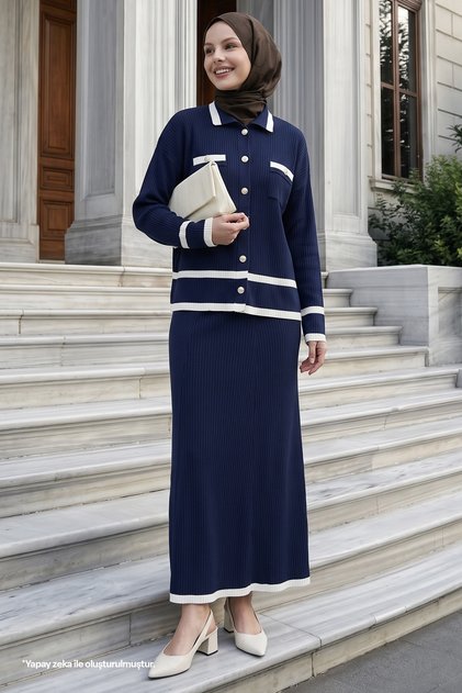 Navy Blue Knitwear Set with Striped Hem and Cardigan