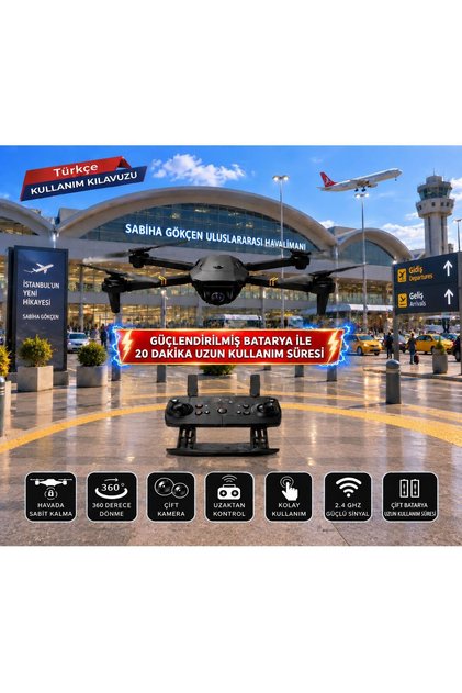 KATLANABİLİR GÖVDE TÜRKÇE KILAVUZ VE UYGULAMA DESTEKLİ 360 DERECE DÖNEBİLEN TAŞIMA ÇANTALı ÇİFT BATARYALI DRONE