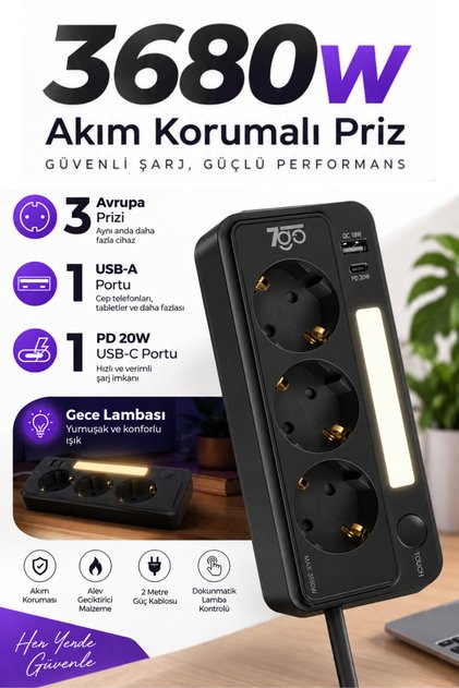 7GSP1 3680W 3'lü Priz Siyah | Akım Korumalı | 20W PD Hızlı Şarj USB | 1.9m Kablolu Akıllı LED Ge
