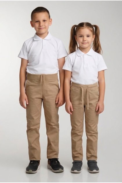 Children's Ribbed Waistband Fully Elastic Canvas Fabric Casual and School Pants Beige
