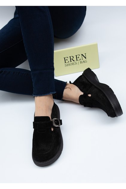 5513 Eren Shoes&Bag Genuine Leather Suede Buckle Detailed Thick Soled Women's Casual Shoes Real Leather Suede Black