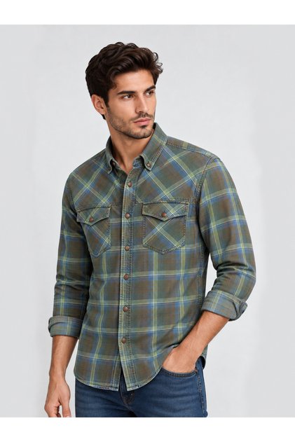 Erkek Denim Ekose Pamuklu Çıtçıt Düğmeli Slim Fit Uzun Kollu Gömlek