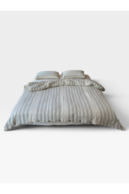 100% Cotton Muslin Bohemian 4-Piece Double Duvet Cover Set with Wooden Button Bag Ecru/Green
