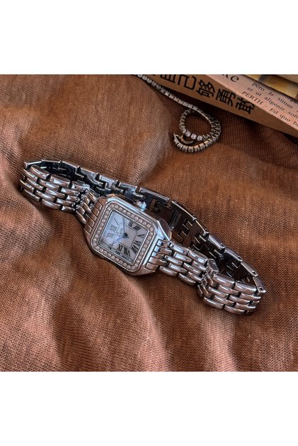 Silver 1pc New Arrival Gold-Tone Square Dial Women's Waterproof Watch With Inlaid Rhinestone, Elegan
