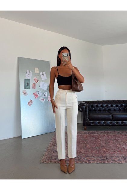 Elastic Waist Striped Trousers - Stone