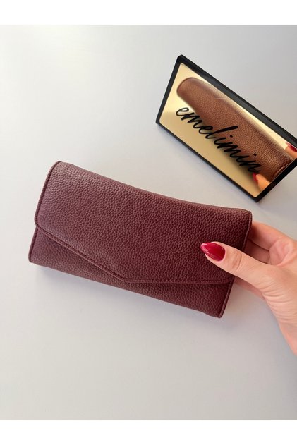 Women's Burgundy Multi-Compartment Snap Fastener Zipper Card Holder Compartment Leather Look Long Wallet