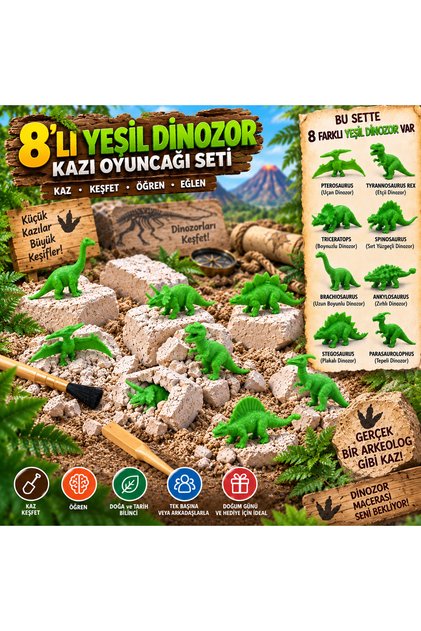 💚 8’li Yeşil Dinozor Kazı Kiti | Dinozor Kazı Oyuncağı, Arkeoloji ve Paleontoloji Seti