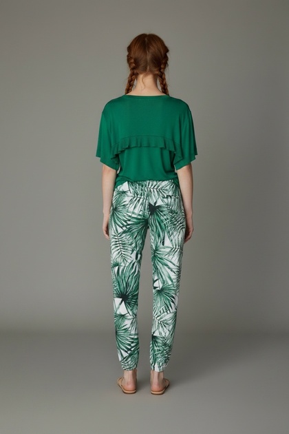 Combed Cotton Pajama Set Short Sleeve Ruffled Green Top Palm Patterned Woven Trousers