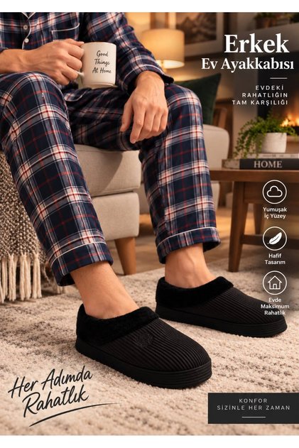 Men's Black Luxury Home Shoes Corduroy Inside Plush Non-Slip Sole Winter Home Shoes