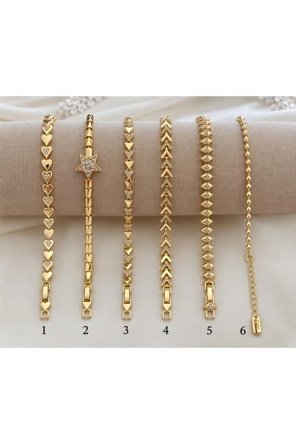 Kadın 14K Gold Çelik Zirkon Taşlı Kararma Solma Yapmaz Kalp Yıldız Geometrik Figürlü Şık Tasarım Bileklik